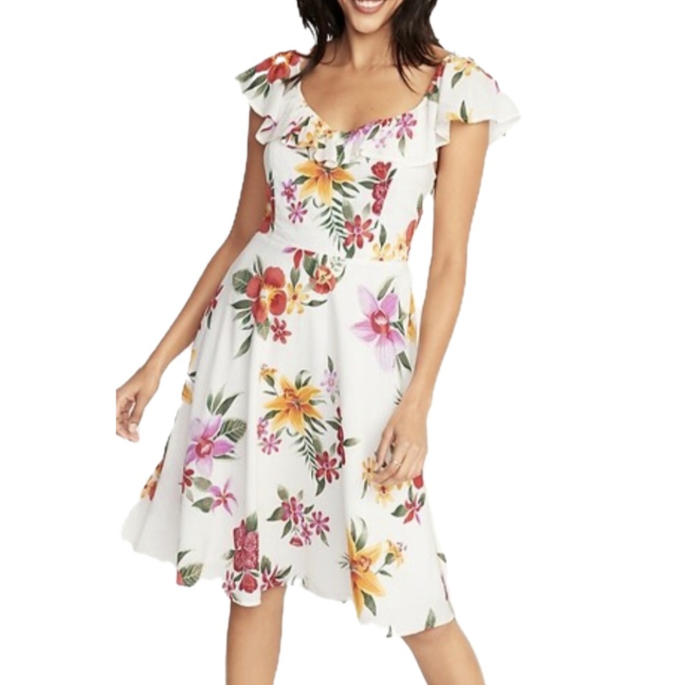 $29 EUC OLD NAVY ruffle strap dress XL cream pink green orange floral cami luau
